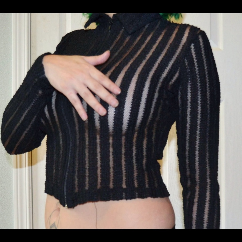 Black stripes mesh shirt with collar